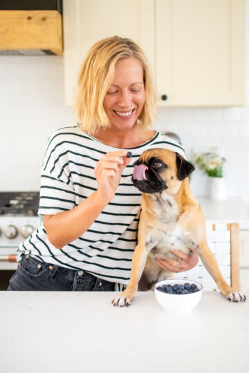 woman and pug in kitchen eating blueberries