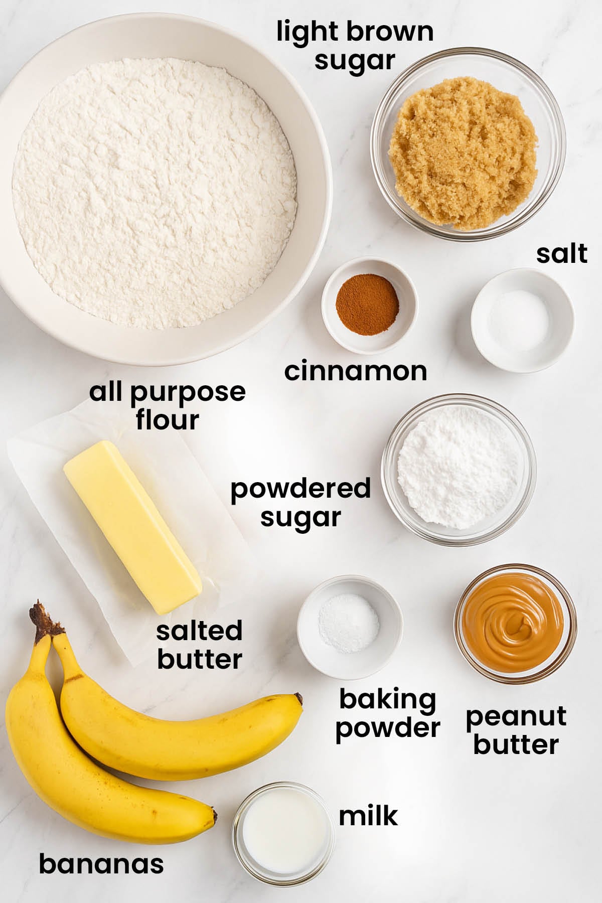 individual ingredients for banana scones with peanut butter glaze loaf laid out against a white background.
