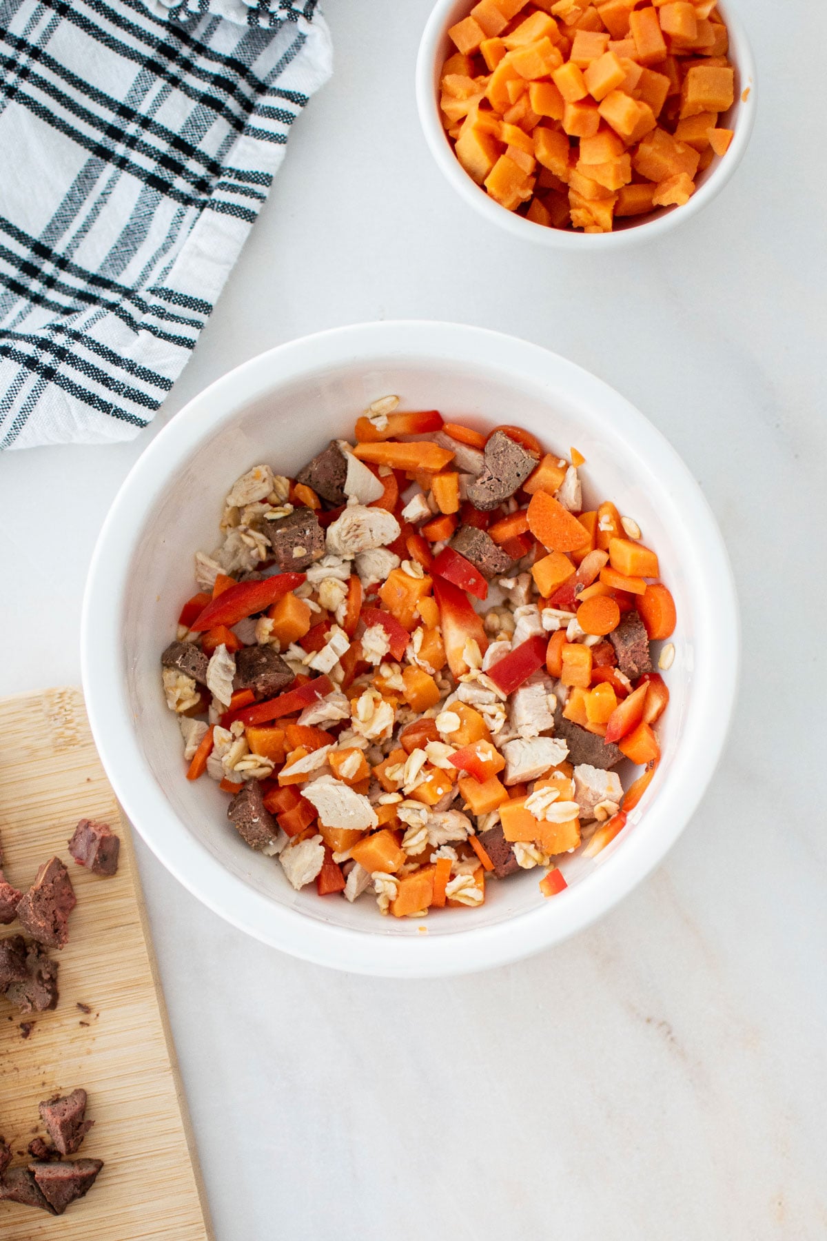 beef liver dinner for dogs in a dog bowl on the counter.