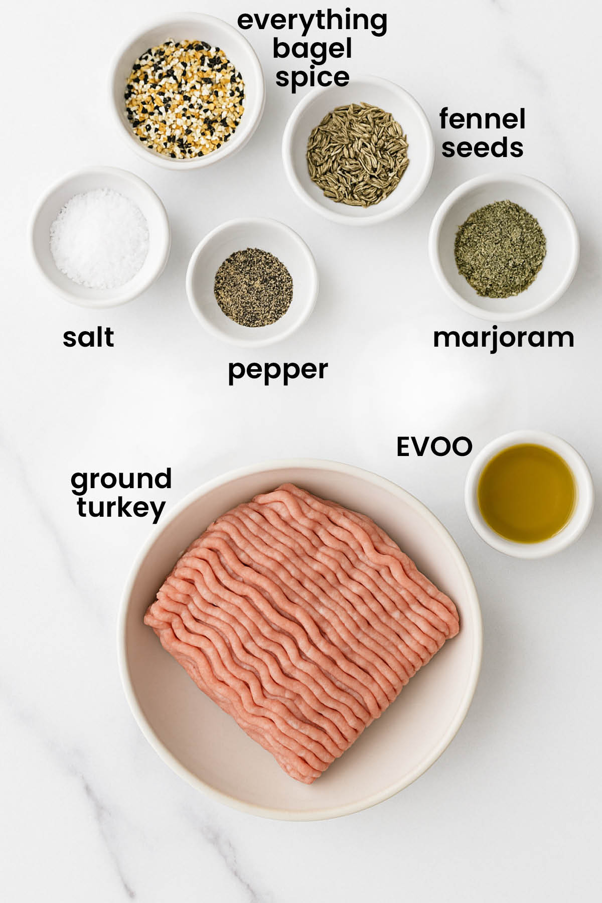 individual ingredients for everything bagel turkey breakfast sausages laid out against a white background.