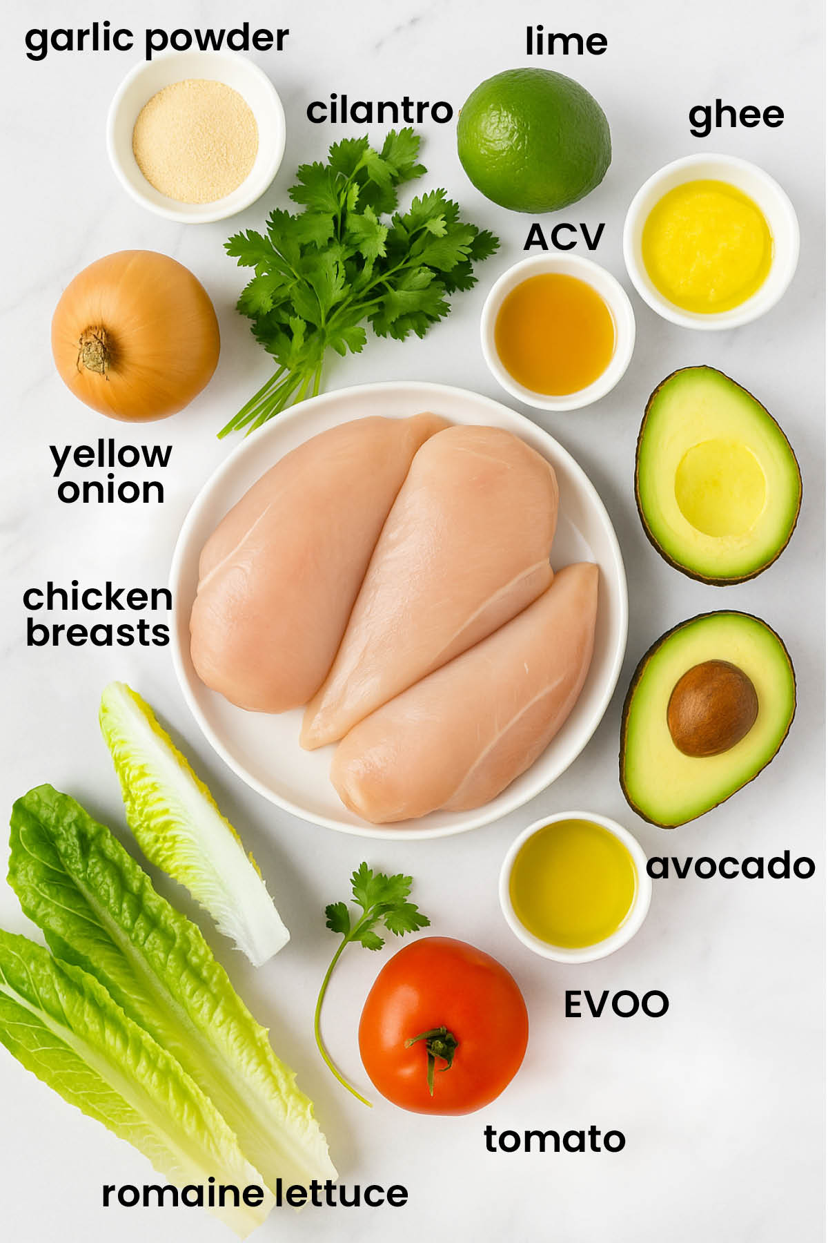 individual ingredients for garlic lime chicken taco salad laid out against a white background.