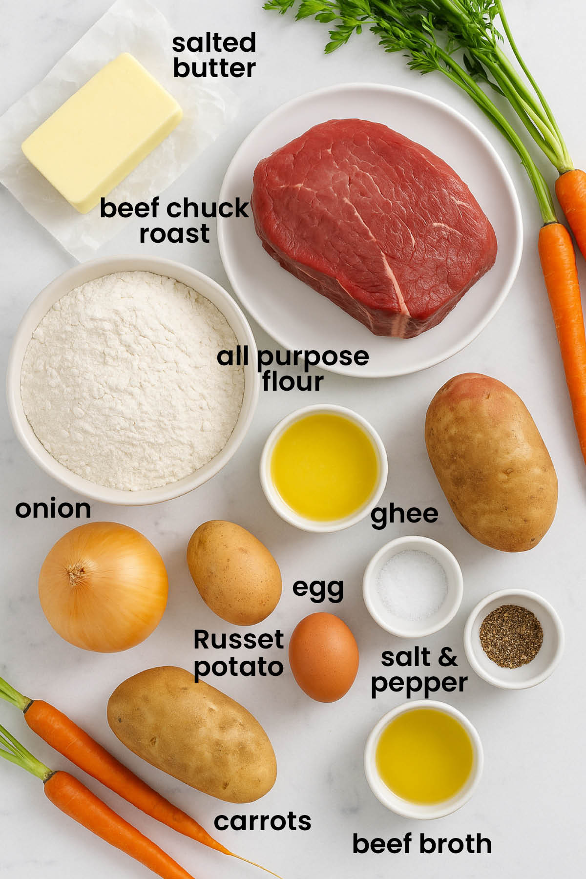 individual ingredients for hearty meat pie with chuck roast laid out against a white background.