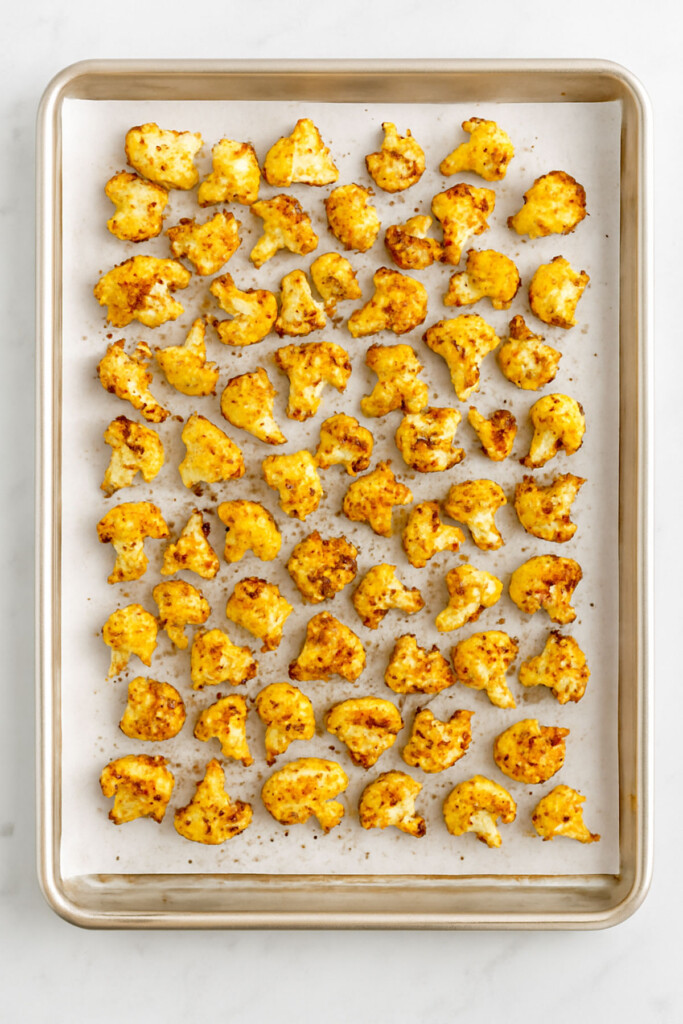 roasted cauliflower on a baking sheet on a white marble countertop.