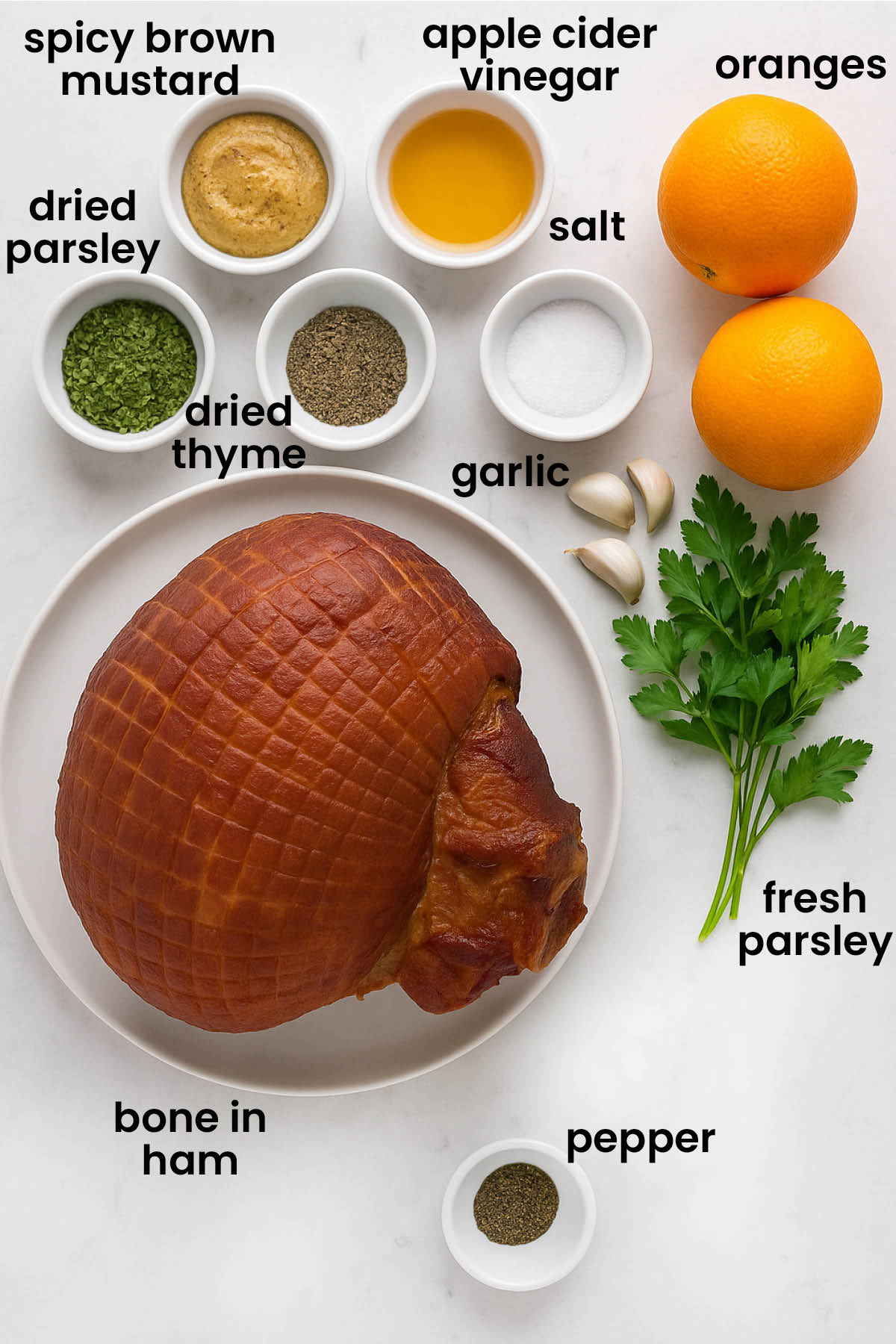 individual ingredients for savory mustard herb ham laid out against a white background.