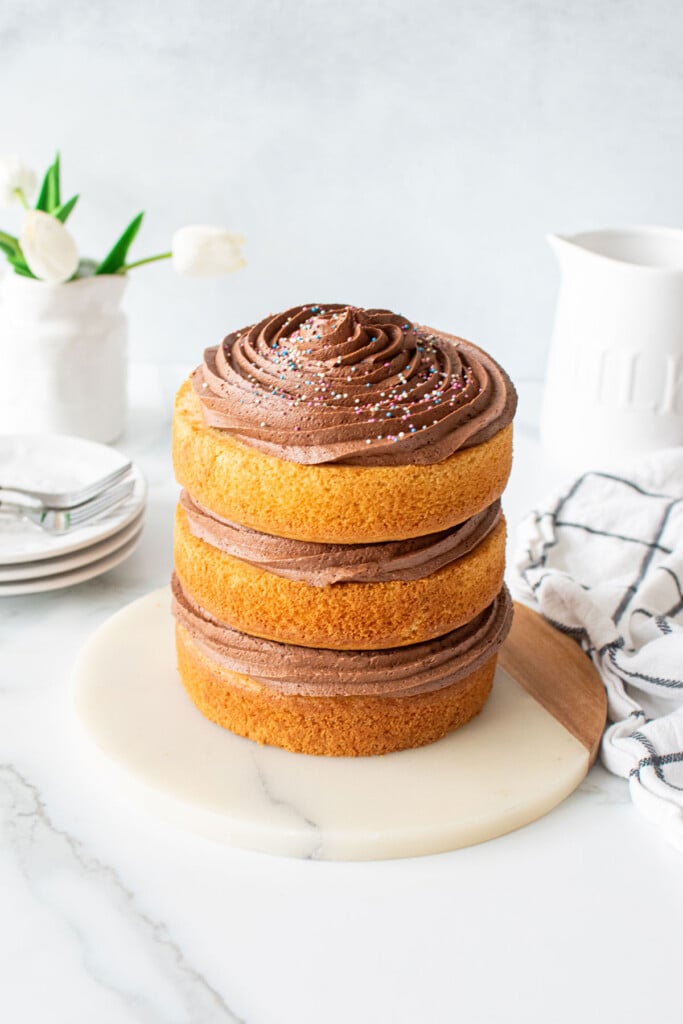 simple naked birthday cake with chocolate frosting and rainbow sprinkles on a marble cake plate.