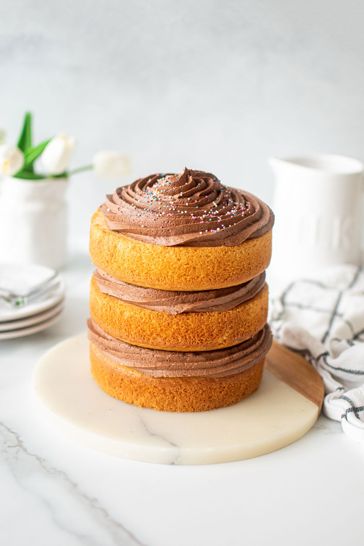 simple naked birthday cake with chocolate frosting and rainbow sprinkles on a marble cake plate.