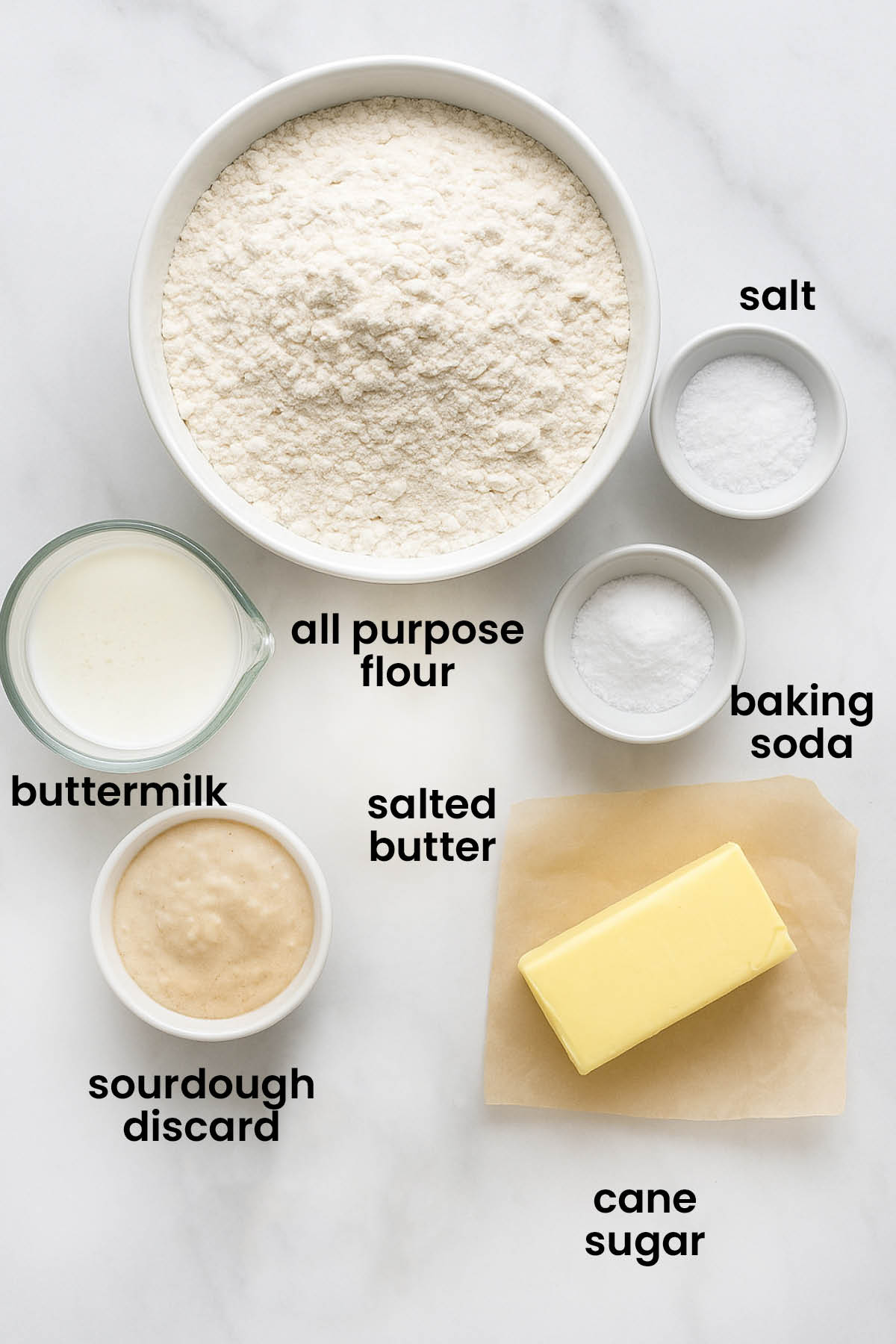 individual ingredients for sourdough irish soda bread laid out against a white background.