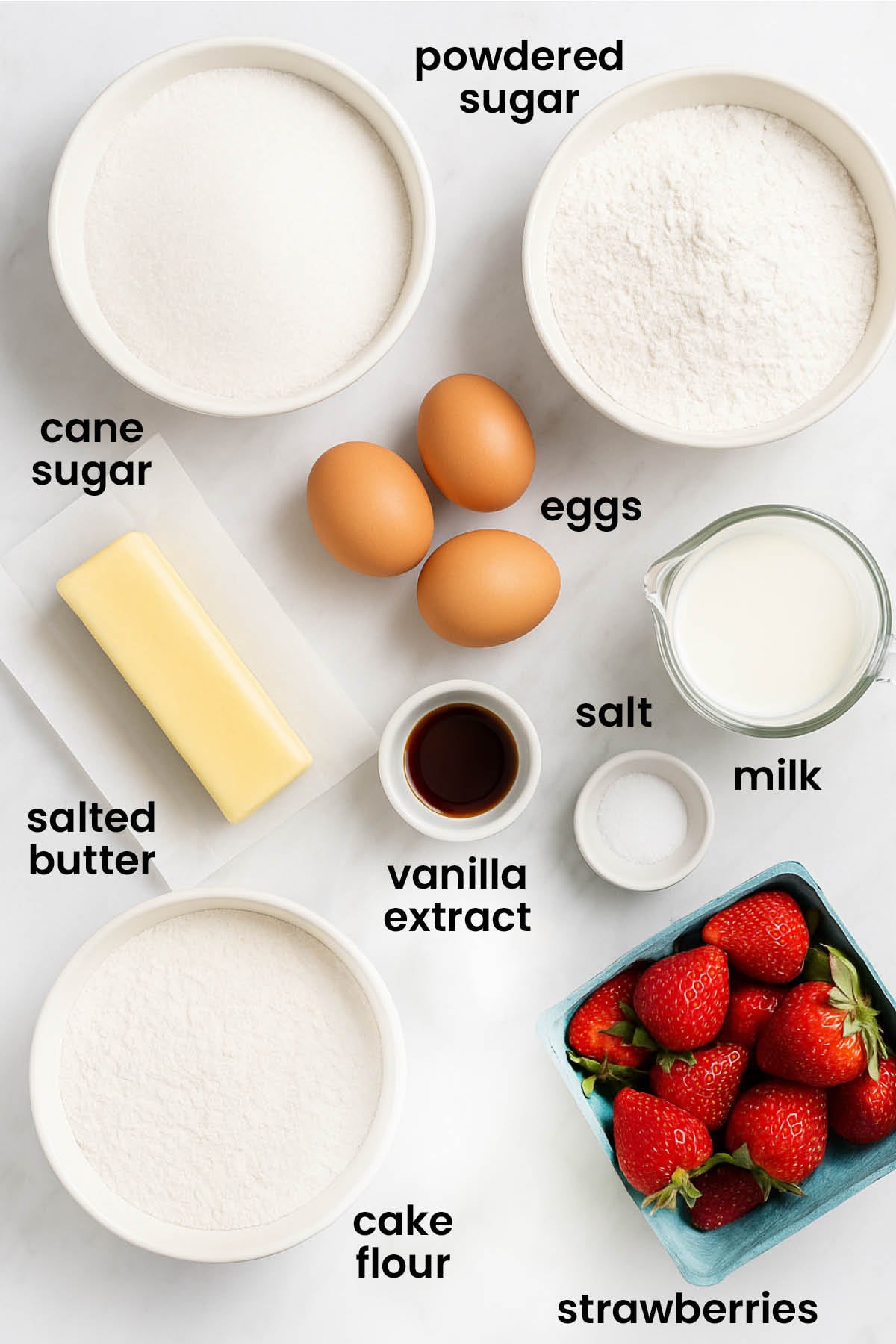 individual ingredients for traditional butter pound cake loaf laid out against a white background.