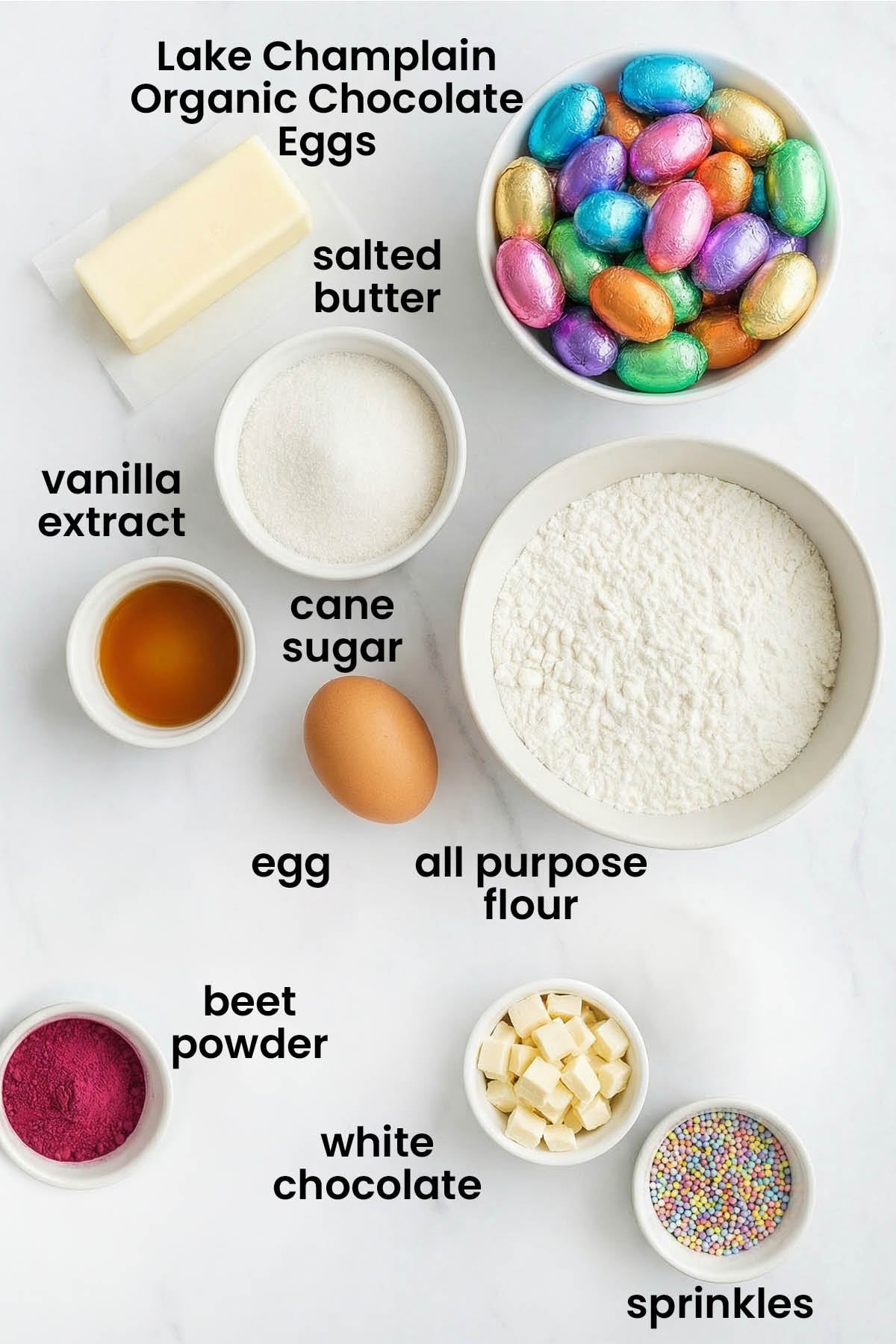 individual ingredients for easter egg thumbprint cookies laid out against a white background.