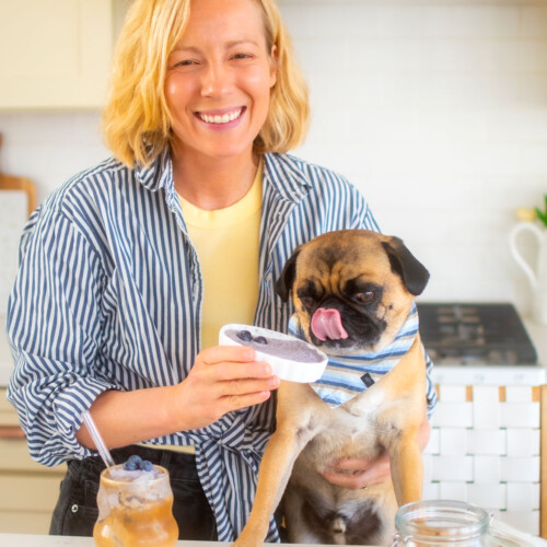 woman and pug in the kitchen with an iced blueberry latte and a blueberry pup cup.