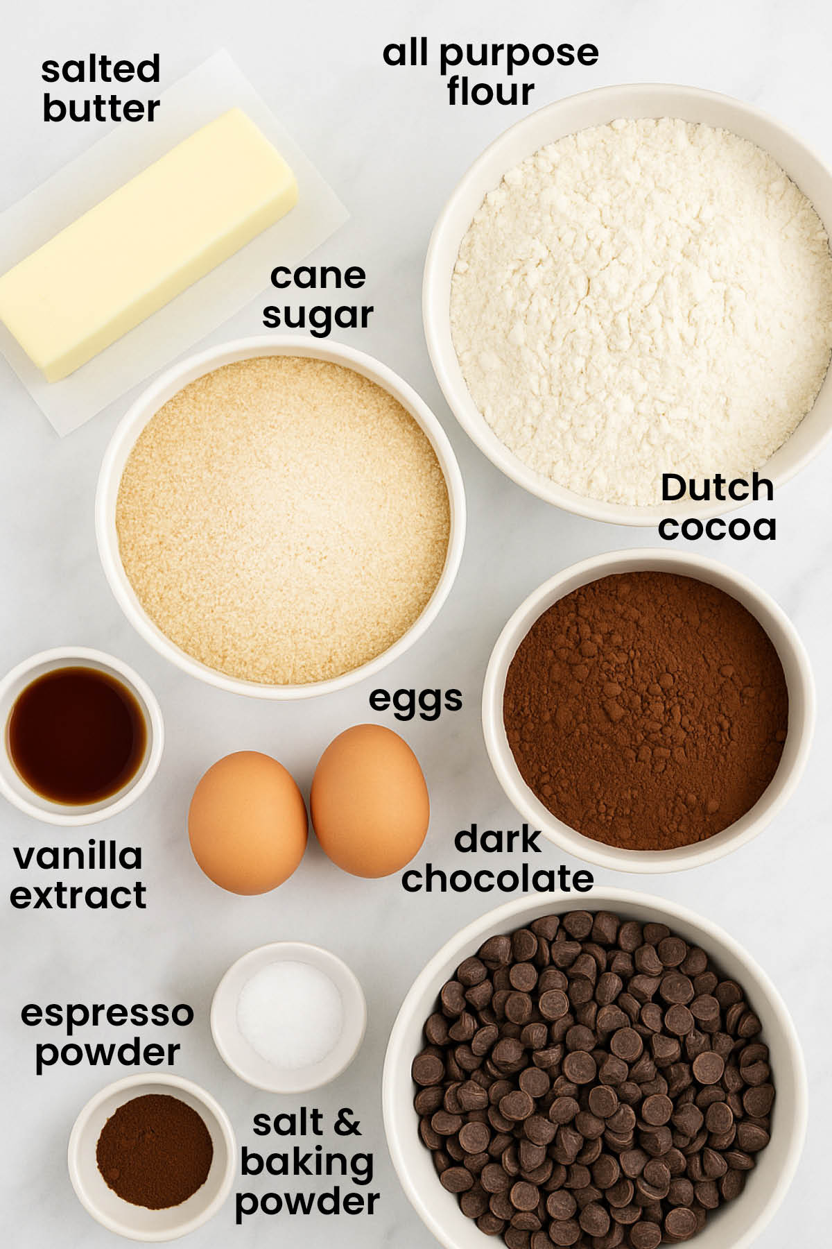 individual ingredients for chocolate espresso biscotti laid out against a white background.