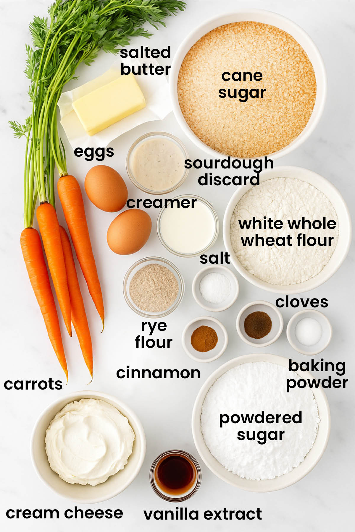 individual ingredients for sourdough carrot snack cake laid out against a white background.