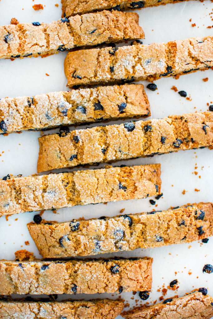 blueberry muffin biscotti on a baking sheet.