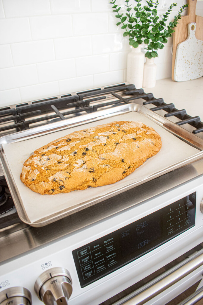 blueberry muffin biscotti log cooling on a baking sheet on top of an oven.