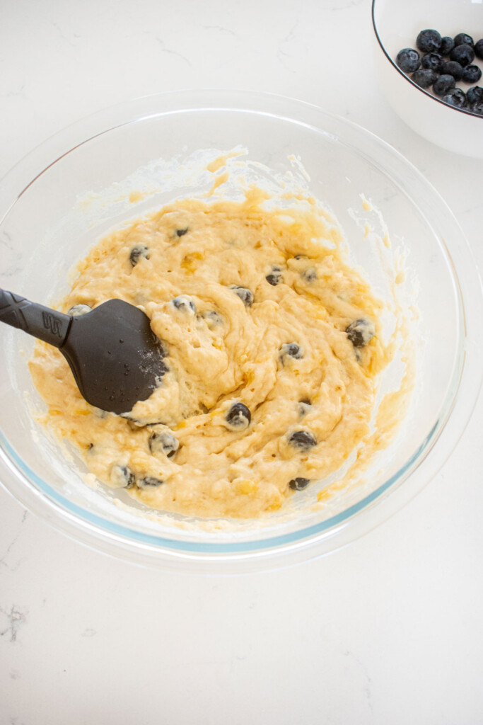 blueberry pancakes for dogs gettin mixed in a mixing bowl.