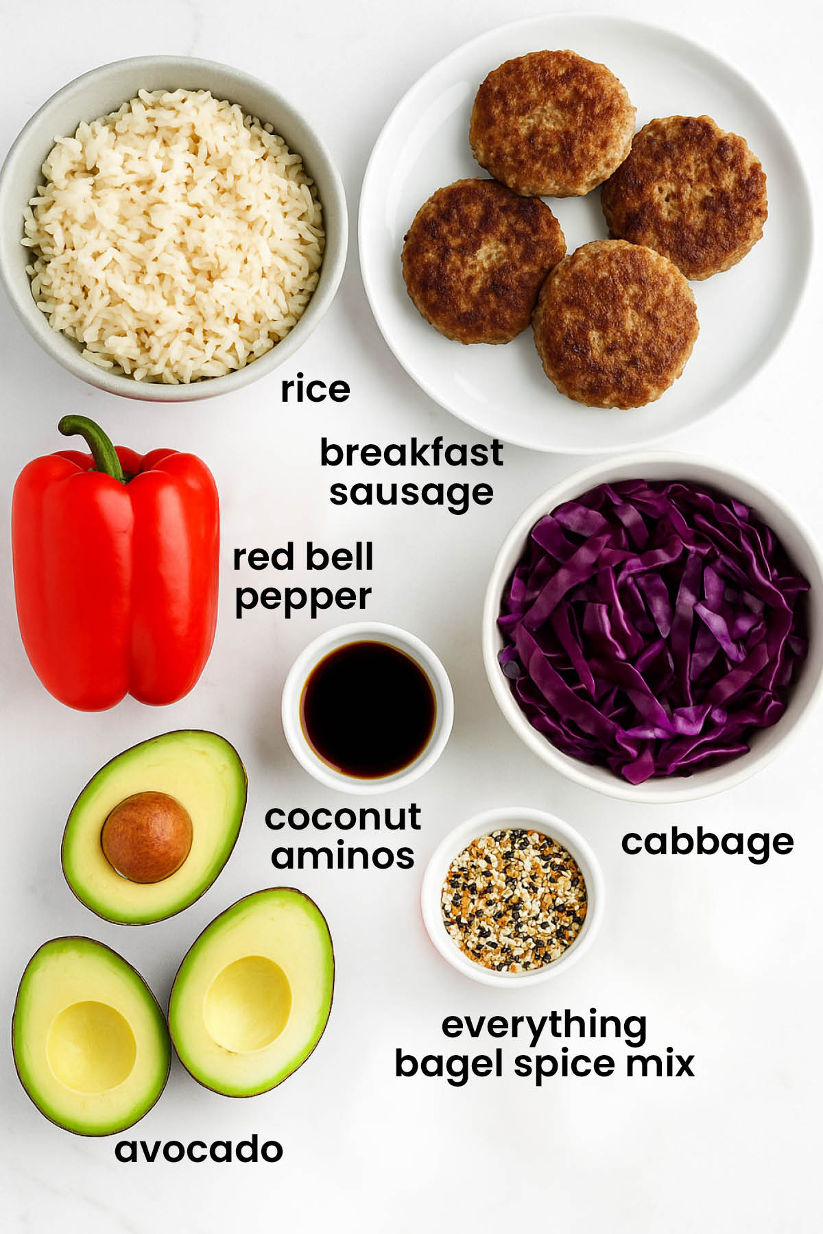 individual ingredients for turkey avocado brunch bowl laid out against a white background.