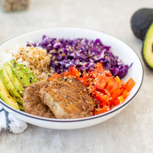 turkey avocado brunch bowl on a kitchen table.