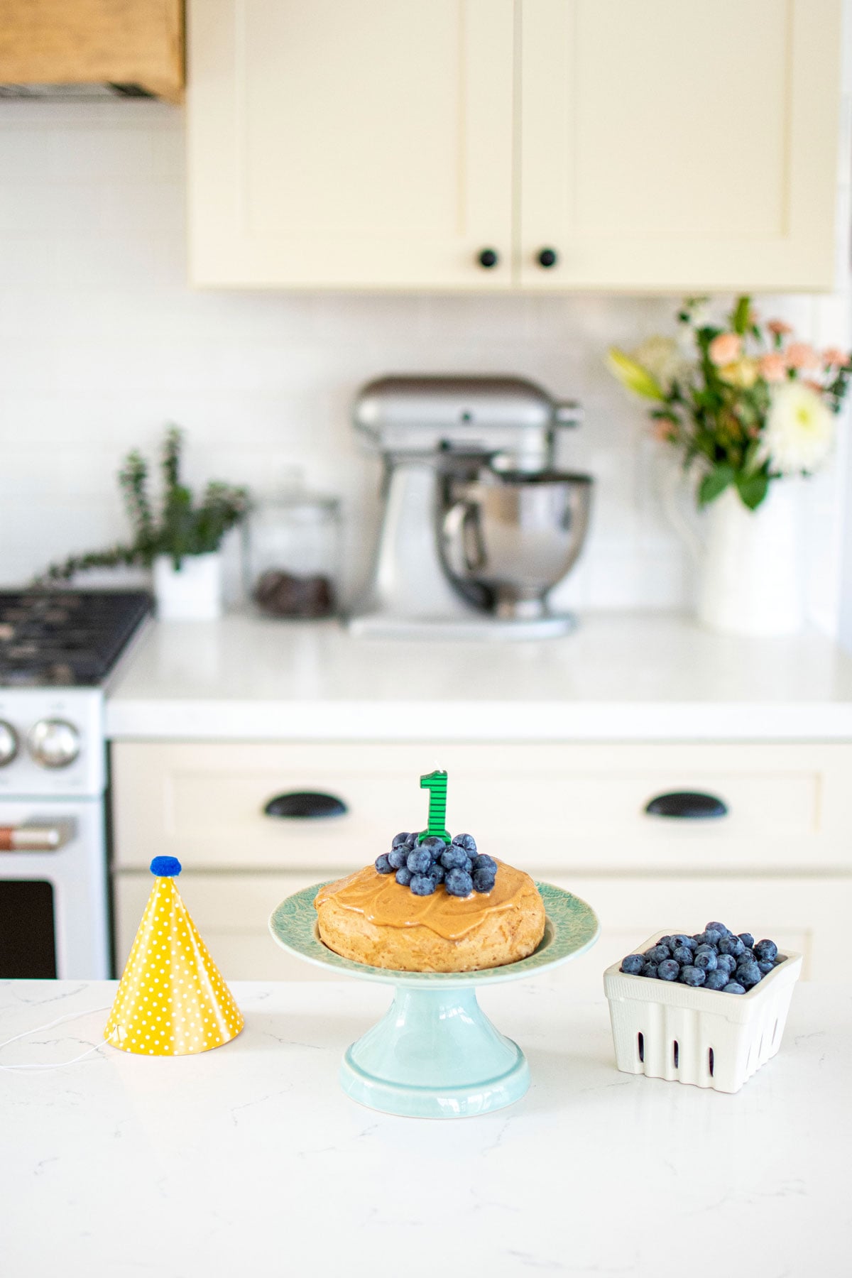 blueberry peanut butter dog cake on kitchen counter.