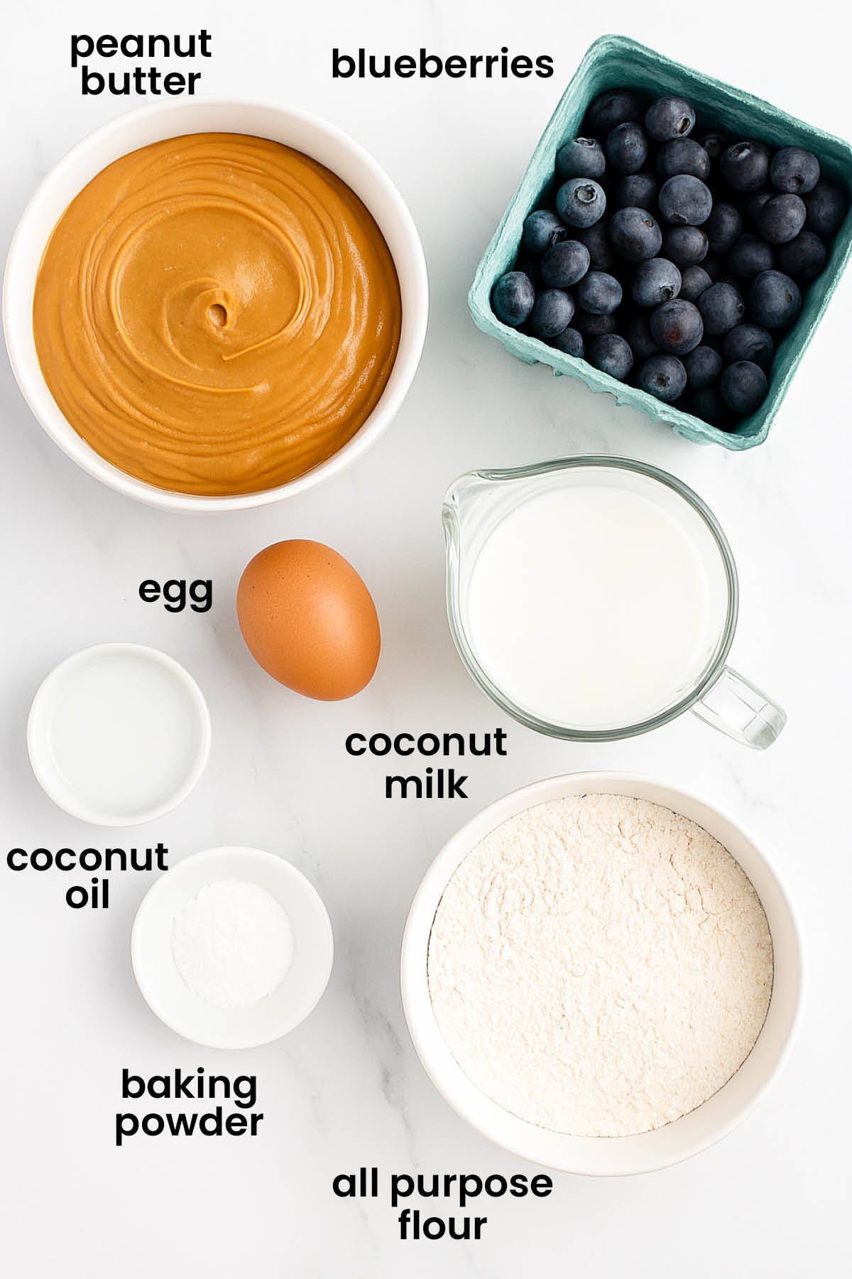 individual ingredients for blueberry peanut butter dog cake laid out against a white background.