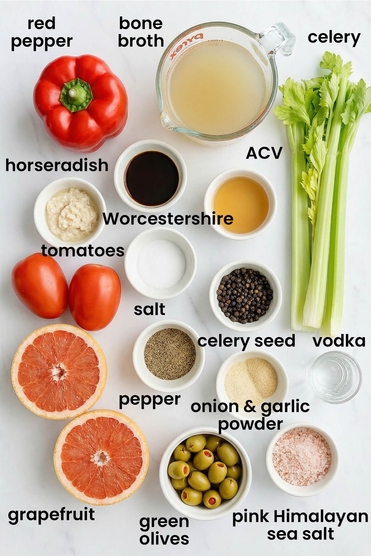 individual ingredients for bone broth bloody mary mix laid out against a white background.