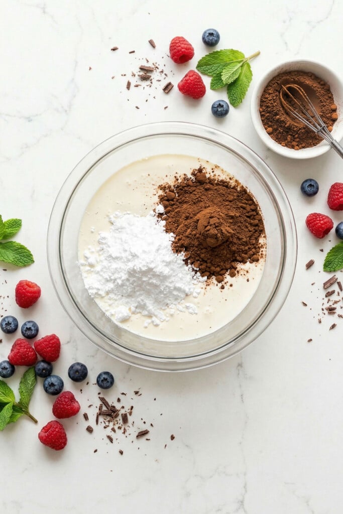 glass bowl with powdered sugar, cocoa and vanilla on a white marble counter.