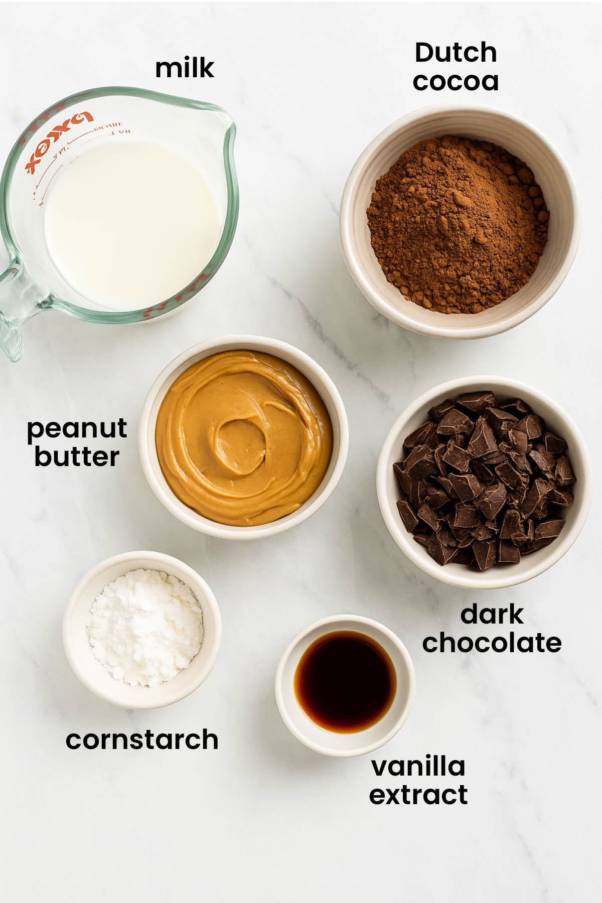 individual ingredients for eggless chocolate peanut butter pudding laid out against a white background.