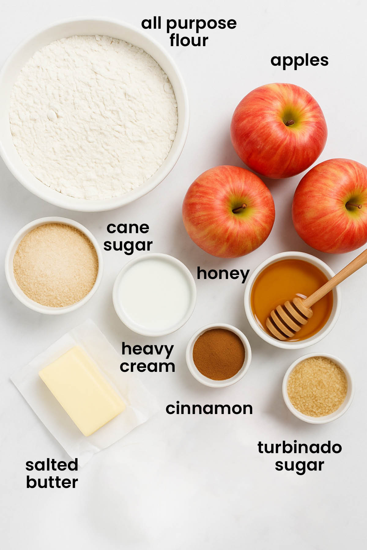 individual ingredients for eggless honey apple galette laid out against a white background.