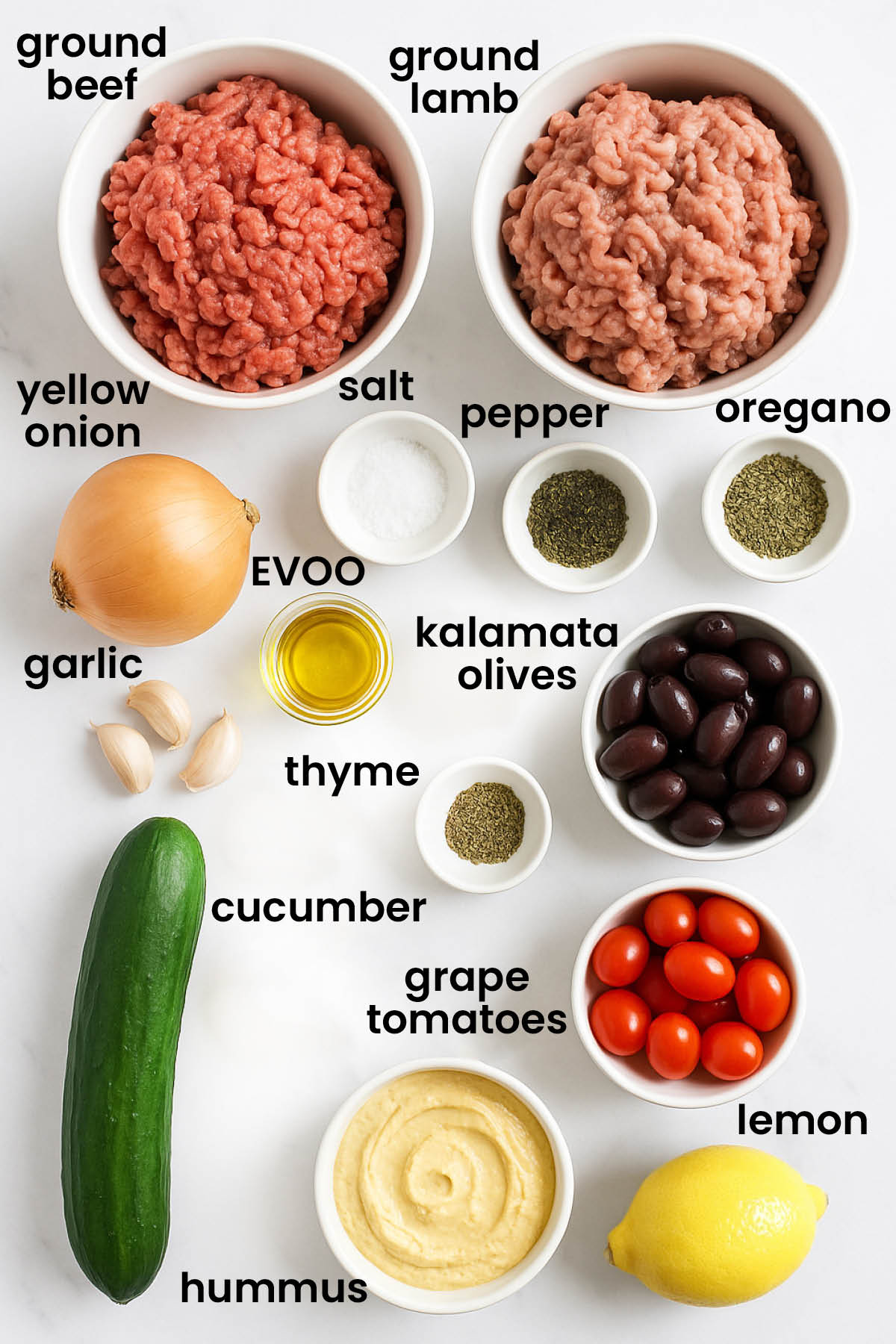 individual ingredients for greek beef and lamb kofta kabobs laid out against a white background.