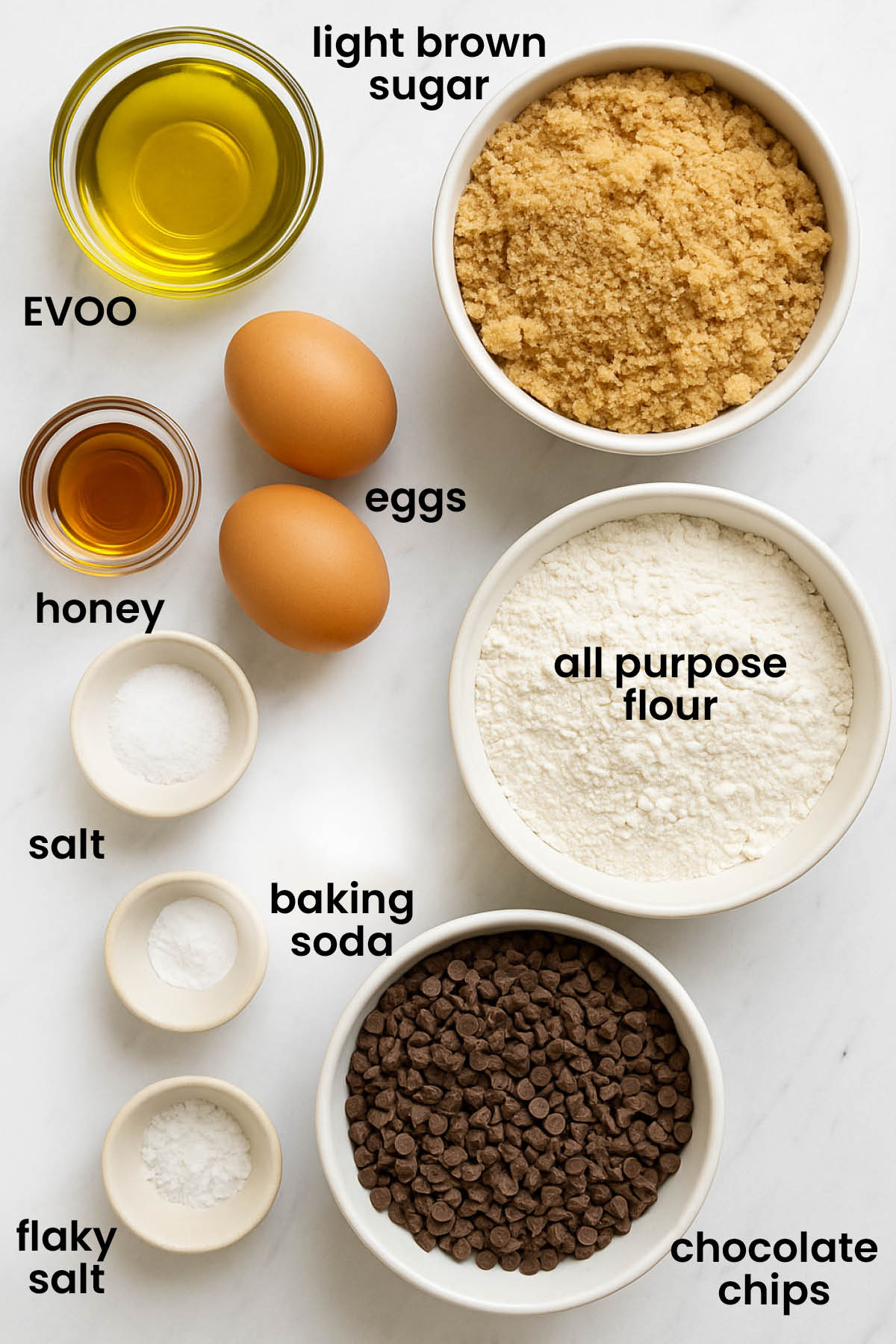 individual ingredients for olive oil honey chocolate chip cookies on a white marble kitchen countertop.