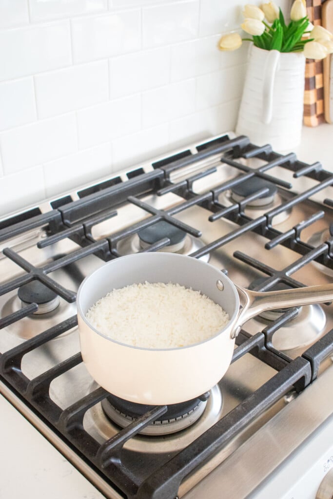 cooked rice in a small pot on the stovetop.