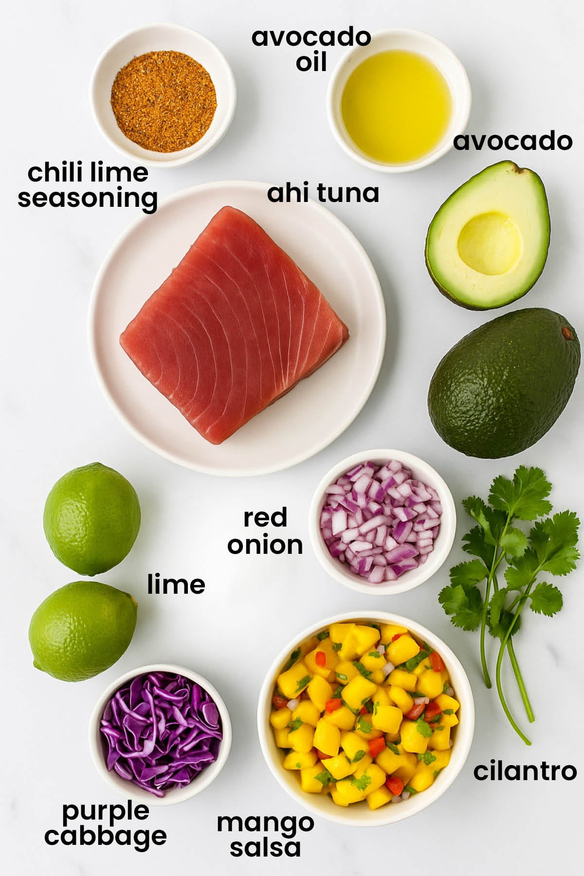 individual ingredients for chili lime ahi fish tacos laid out against a white background.