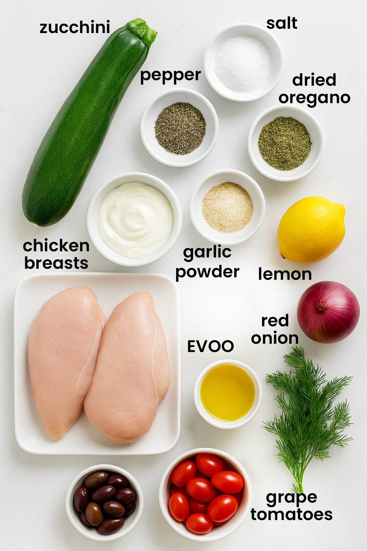 individual ingredients for grilled greek chicken shish kabobs laid out against a white background.