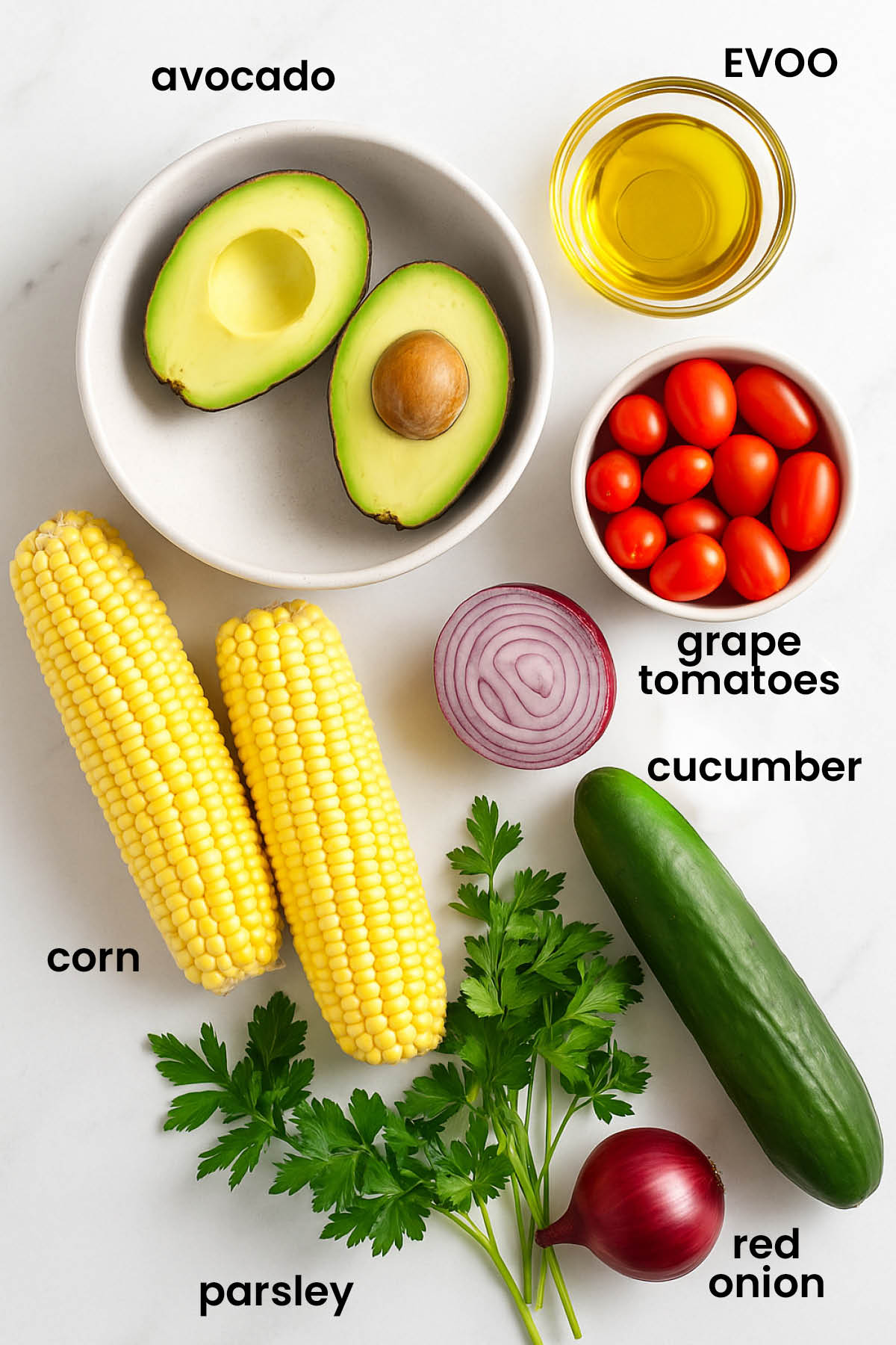 individual ingredients for real simple corn salad laid out against a white background.