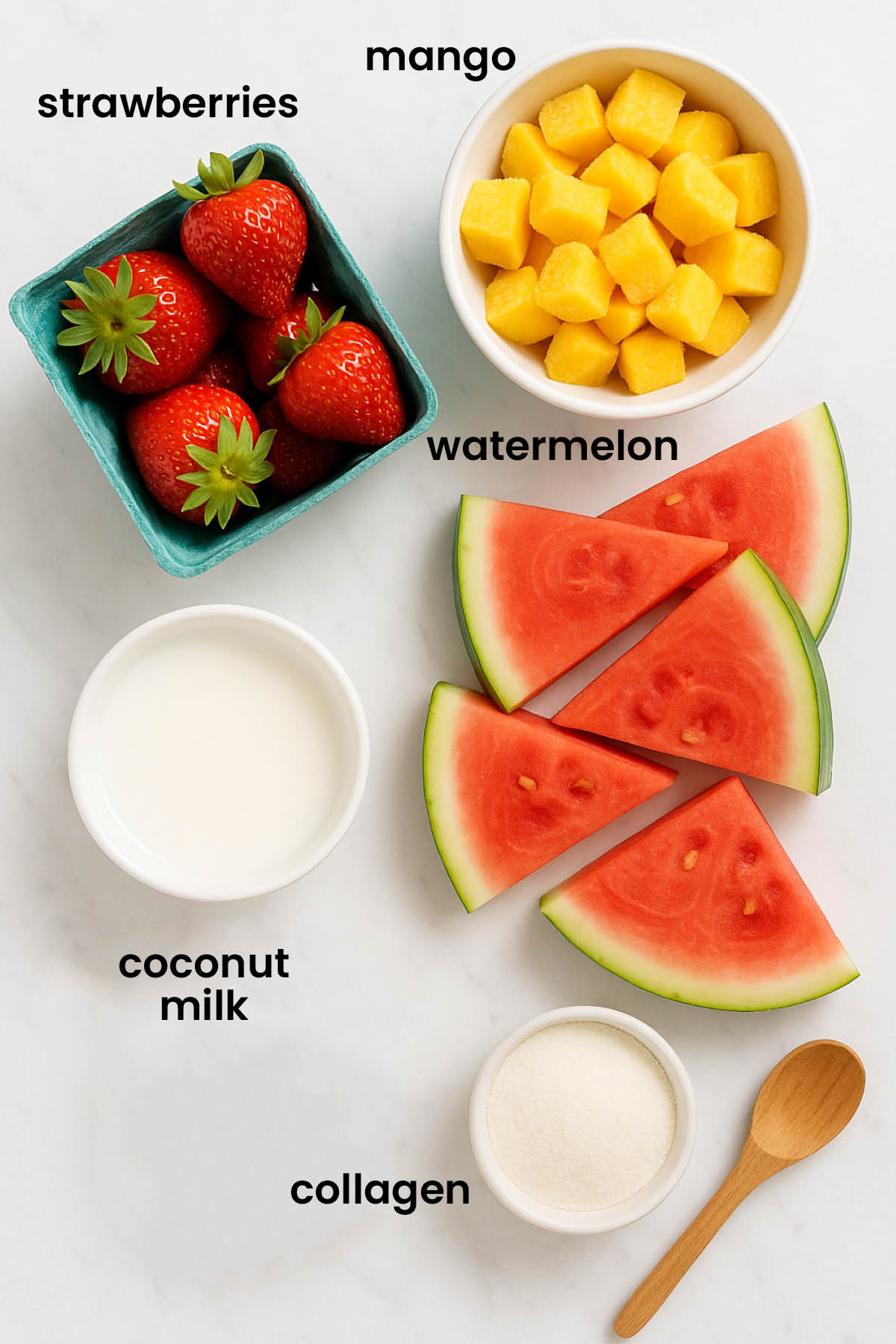 individual ingredients for strawberry watermelon smoothie with collagen laid out against a white background.