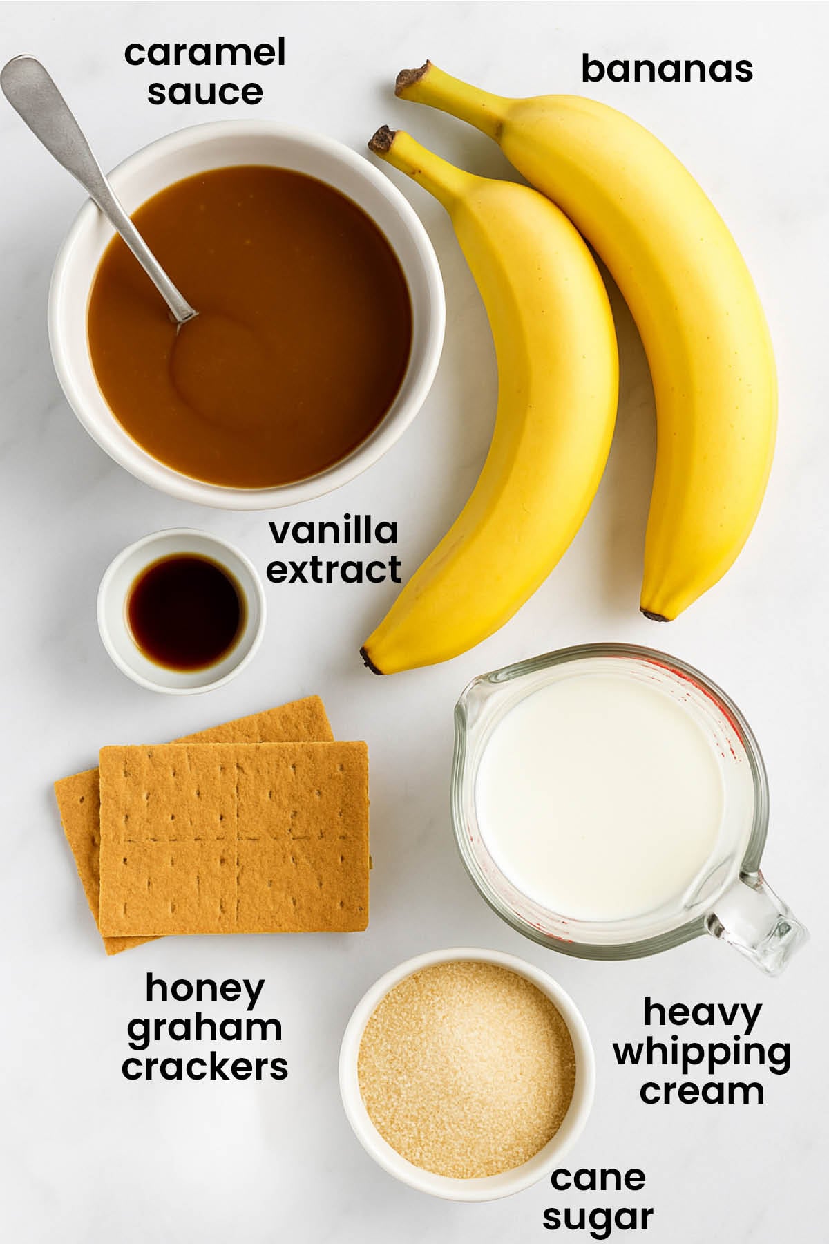 individual ingredients for banoffee icebox cake laid out against a white background.