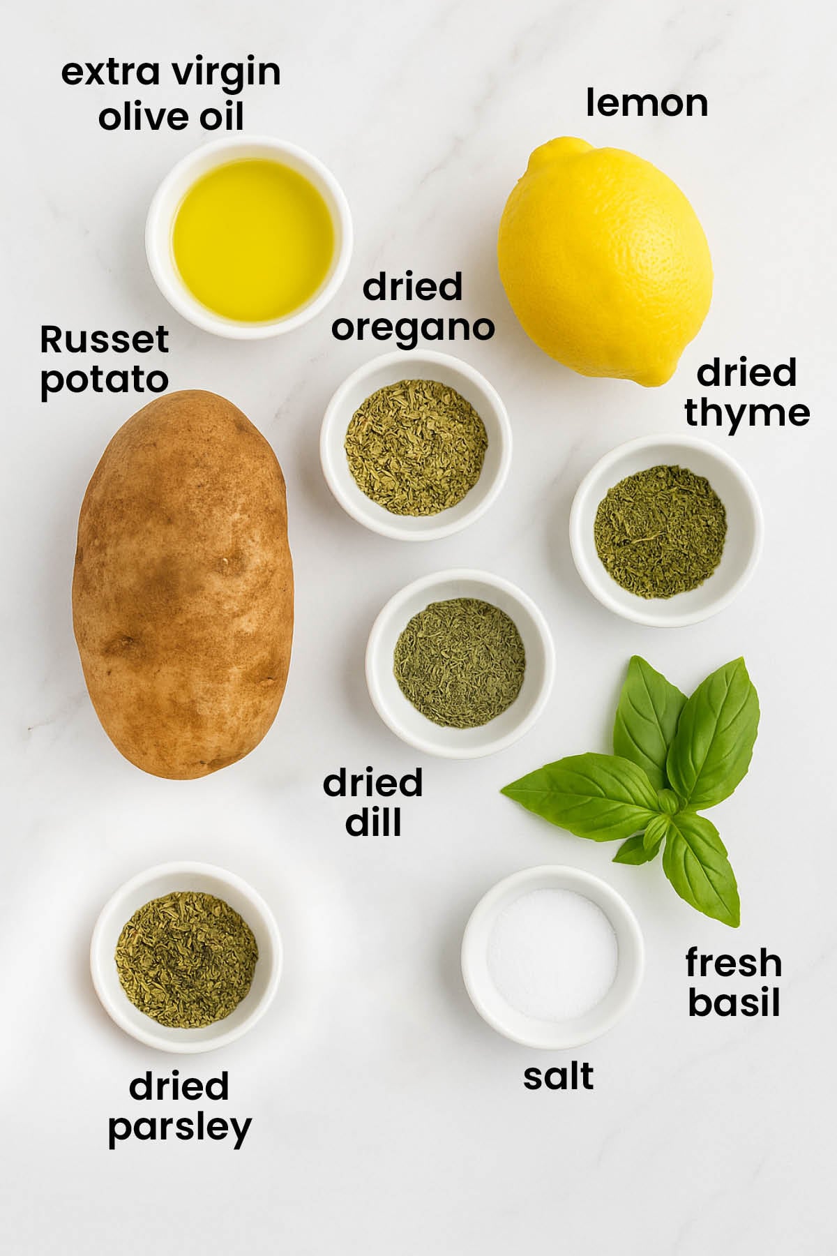 individual ingredients for lemon herb French fries out against a white background.
