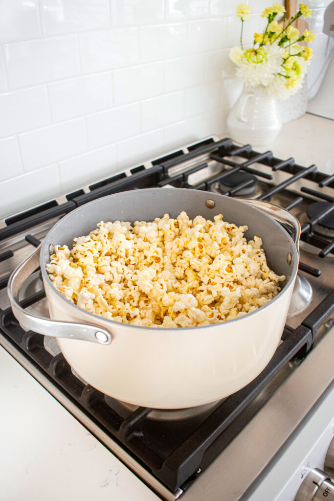 popped popcorn in a large stock pot on the stovetop.