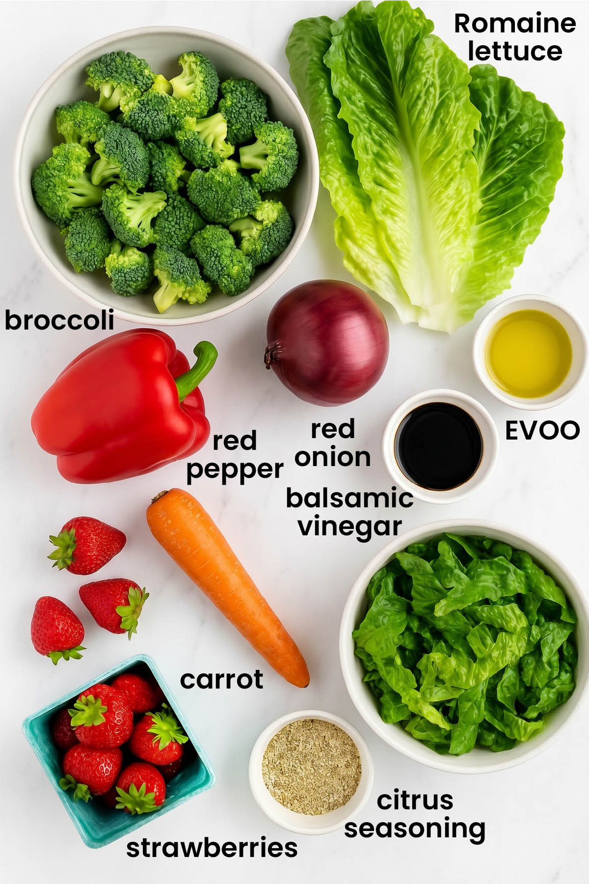 individual ingredients for strawberry balsamic broccoli salad laid out against a white background.
