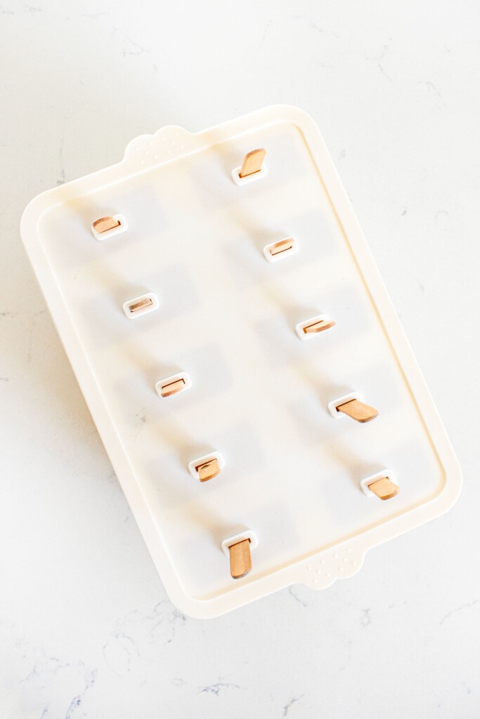 popsicle mold with sticks in it on a white countertop.