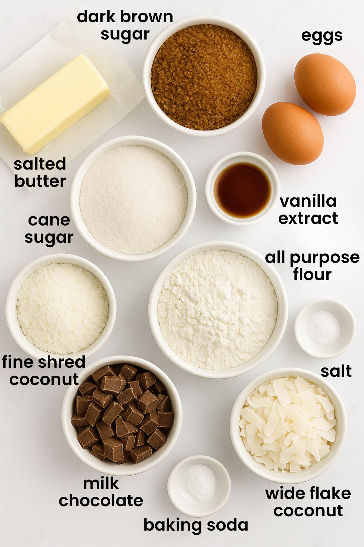 individual ingredients for coconut milk chocolate chunk cookies laid out against a white background.