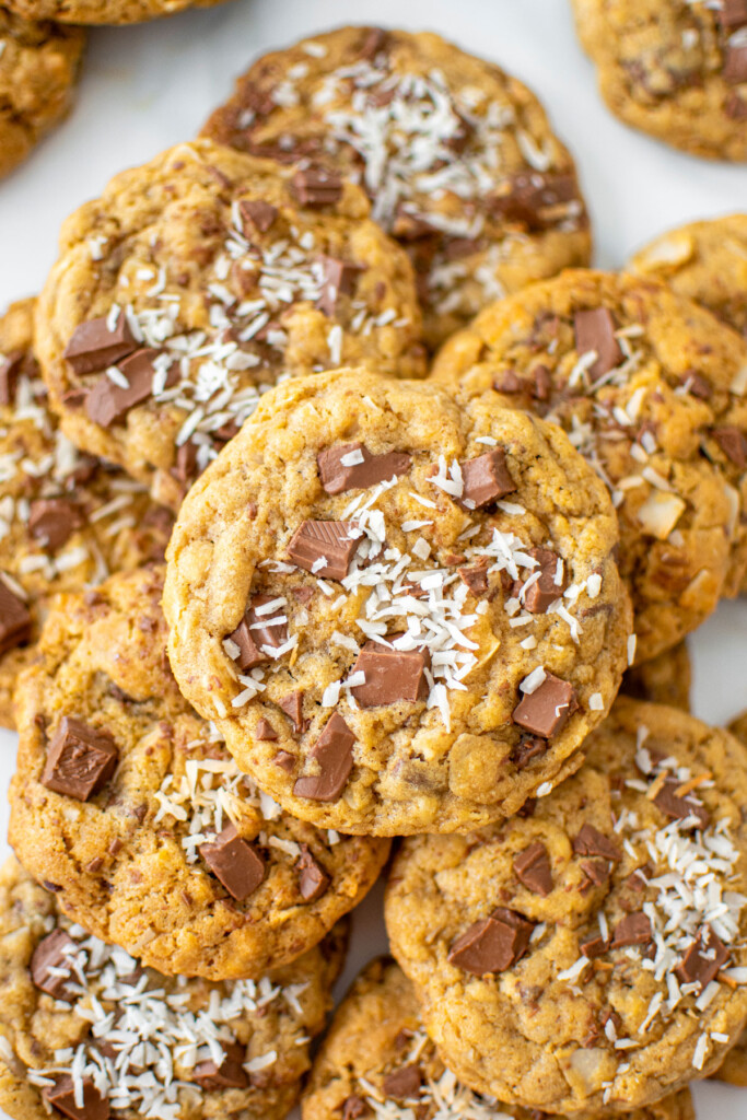 coconut milk chocolate chunk cookies on a baking sheet.