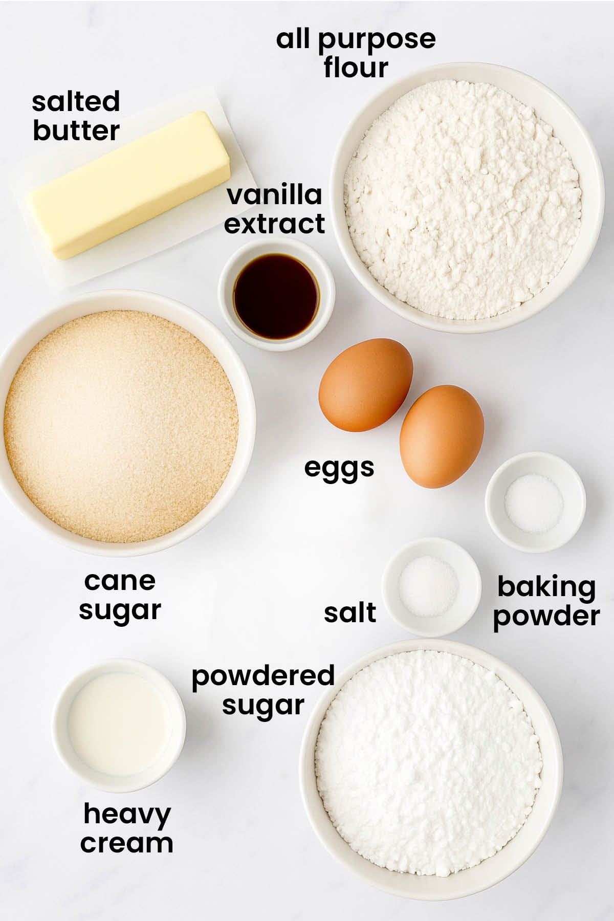individual ingredients for soft baked snickerdoodle sandwich cookies laid out against a white background.