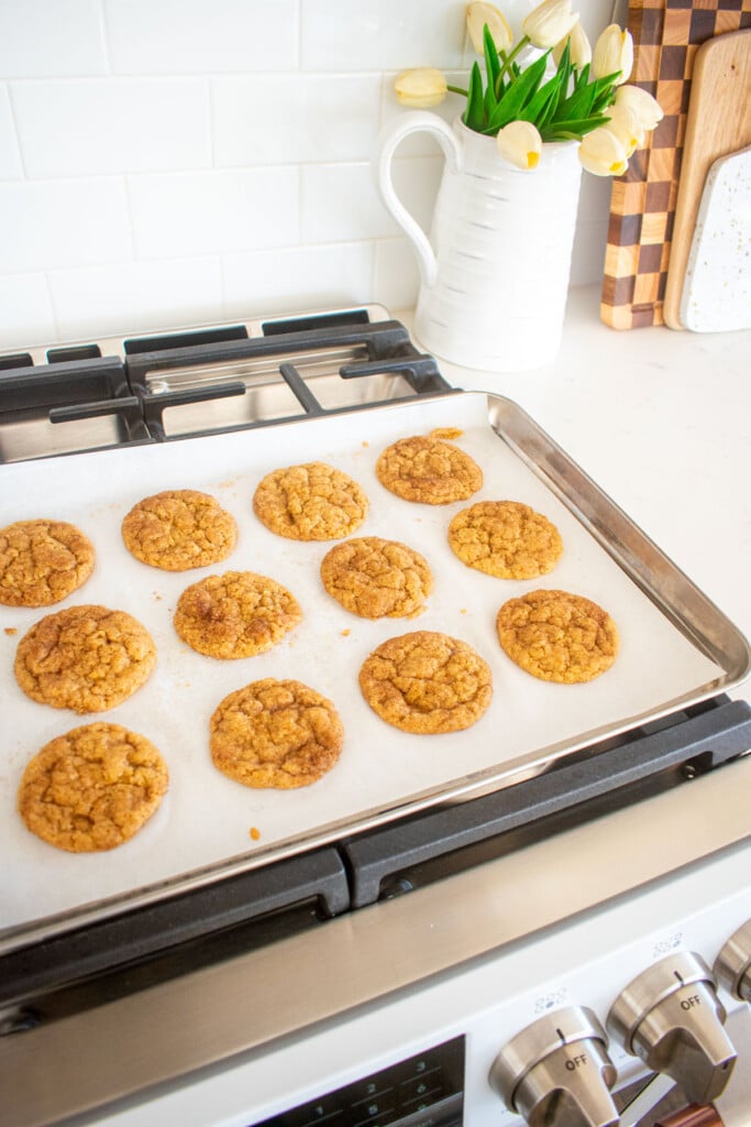 baked snickerdoodle cookies on a baking sheet cooling on an oven.