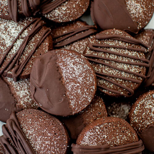 sourdough chocolate shortbread cookies on a baking sheet.