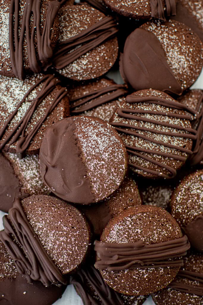 sourdough chocolate shortbread cookies on a baking sheet.