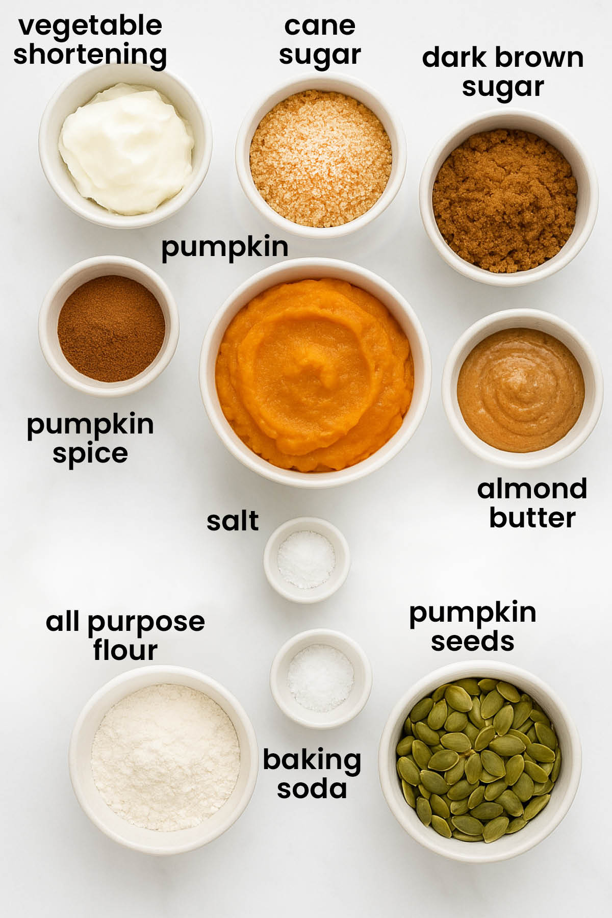 individual ingredients for vegan pumpkin spice almond butter cookies laid out against a white background.