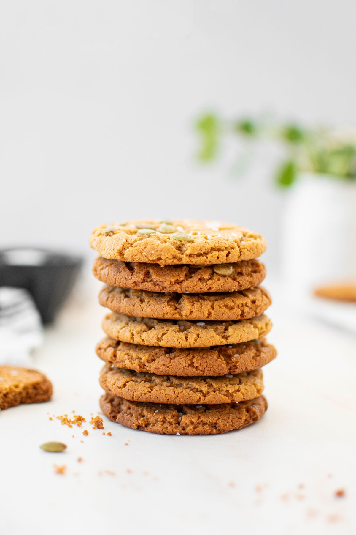 a stack of vegan pumpkin spice almond butter cookies on a marble countertop.