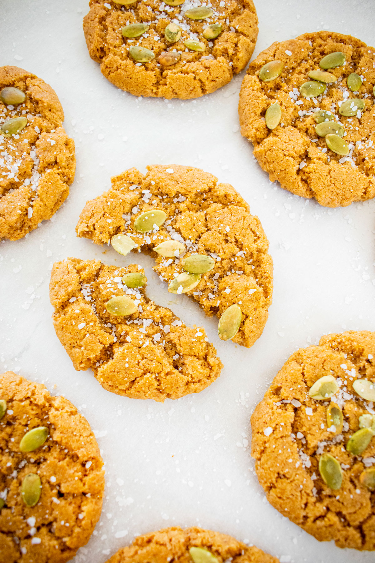 vegan pumpkin spice almond butter cookies on a baking sheet.