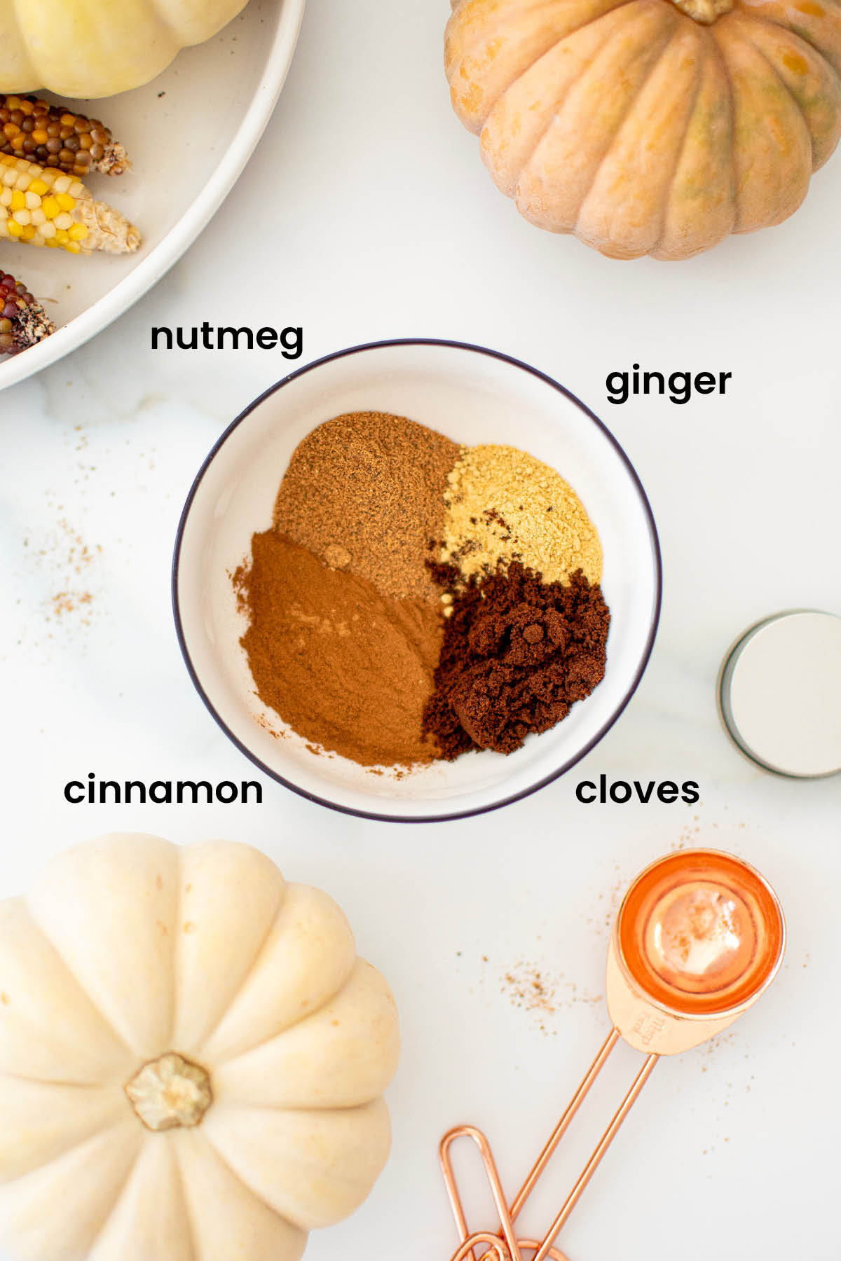 individual ingredients for homemade pumpkin pie spice mix laid out against a white background.