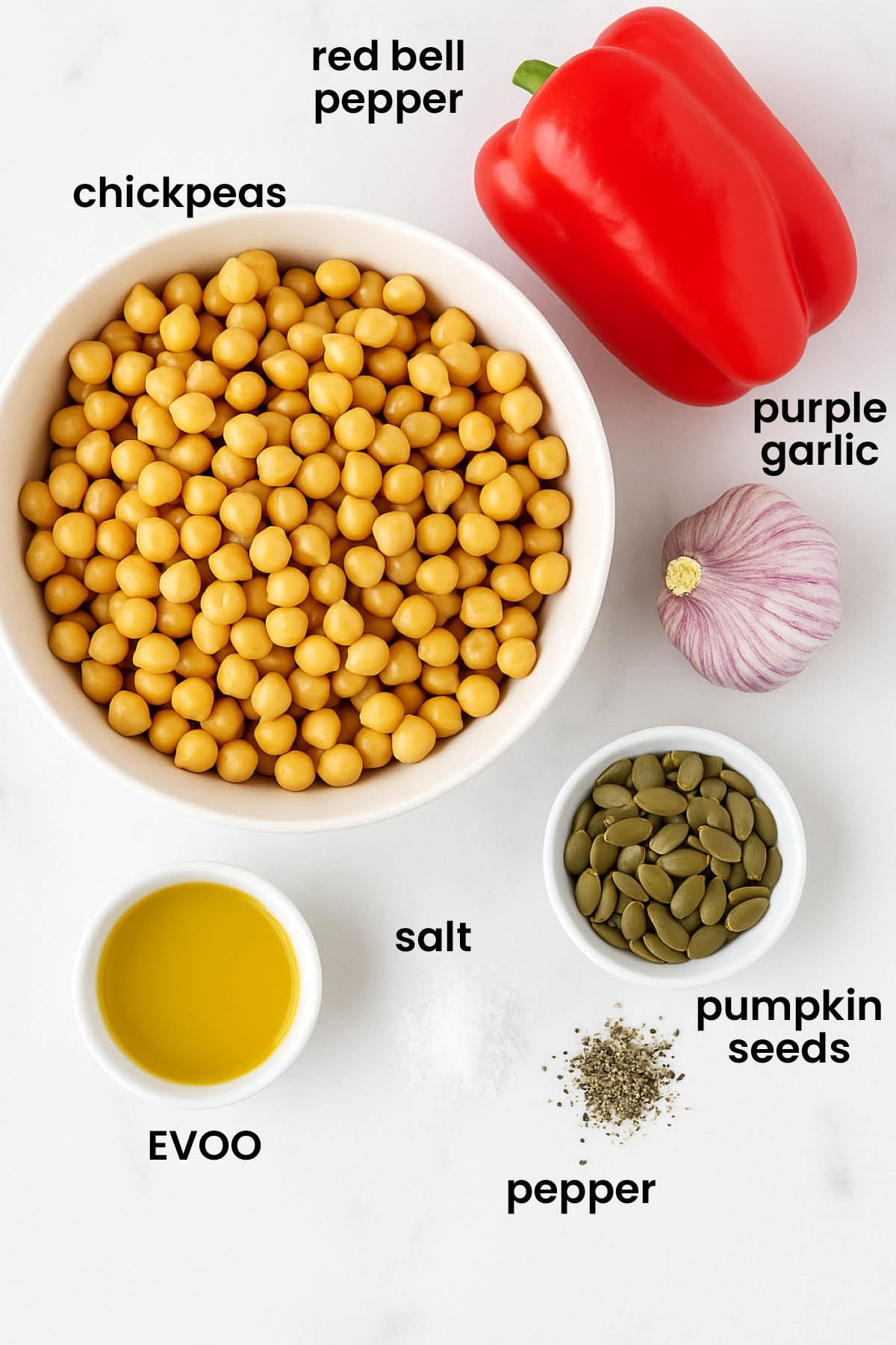 individual ingredients for roasted red pepper garlic hummus laid out against a white background.
